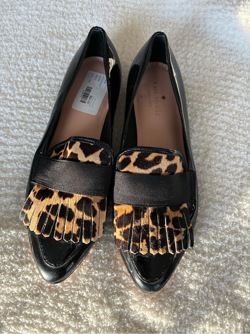kate spade Black Patent Loafers with Leopard Fringe Accent